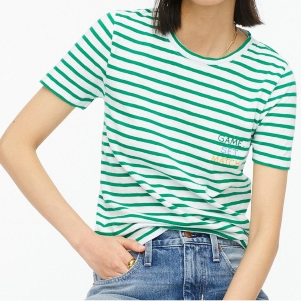 J Crew Slub cotton crewneck Tee with "Game, set, match"  embroidery S